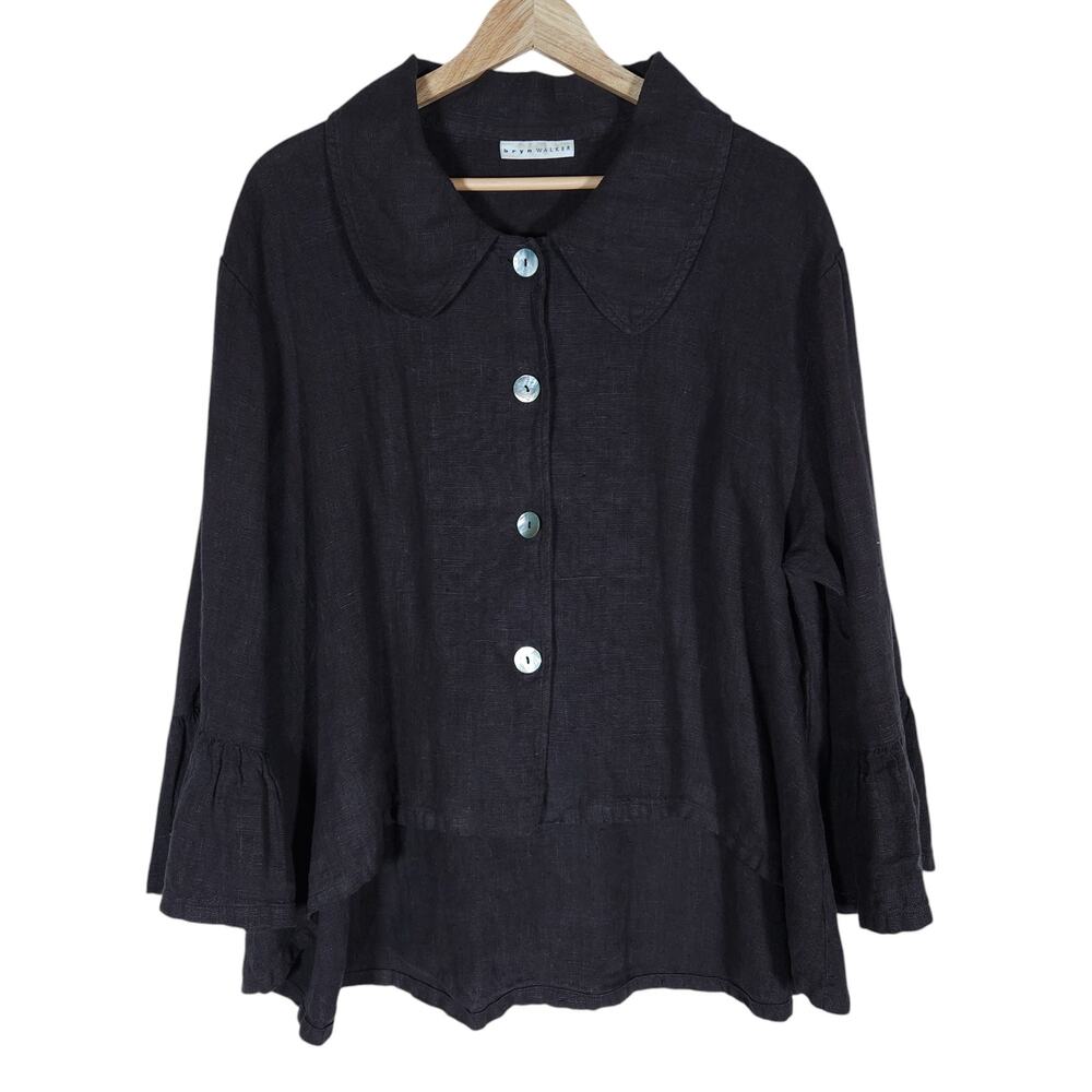 Bryn Walker Jacket Small Button Front Muted Black Linen Ruffle Sleeve Artsy
